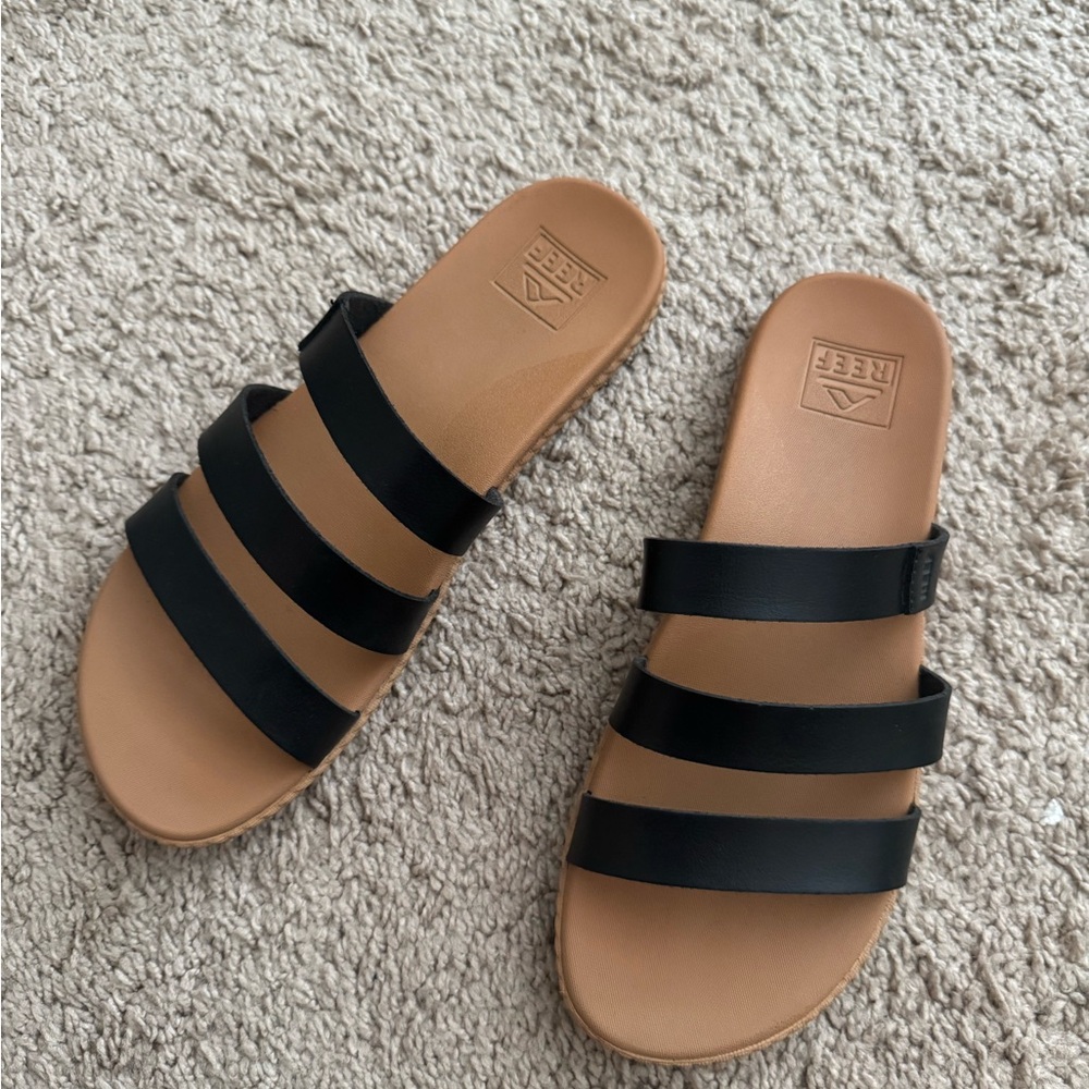 Reef Women's Black Triple-Strap Slide Sandals with Tan Footbed